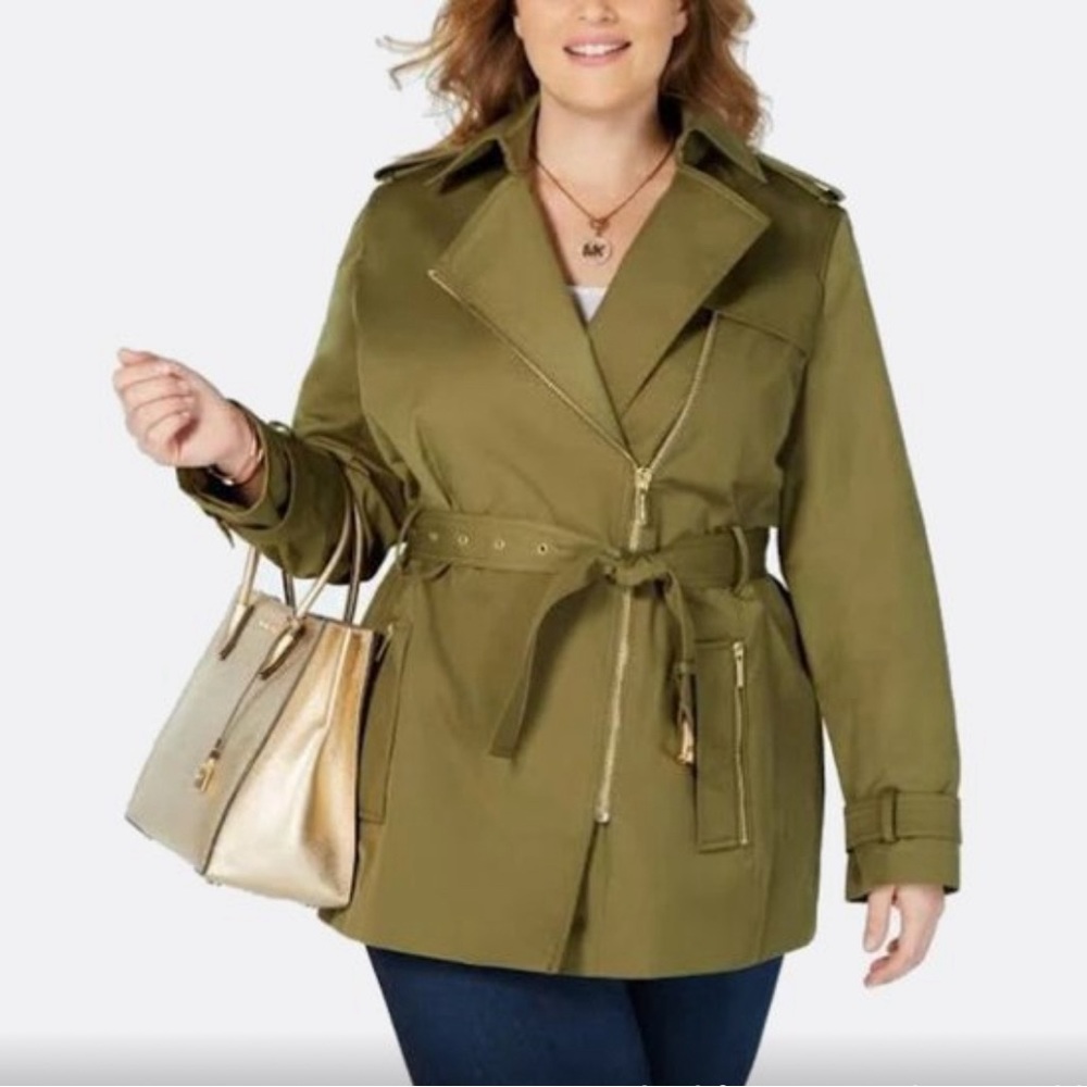 Michael Kors Women Plus Long Sleeve Zip Front Belted Trench Coat Jacket Green 2x